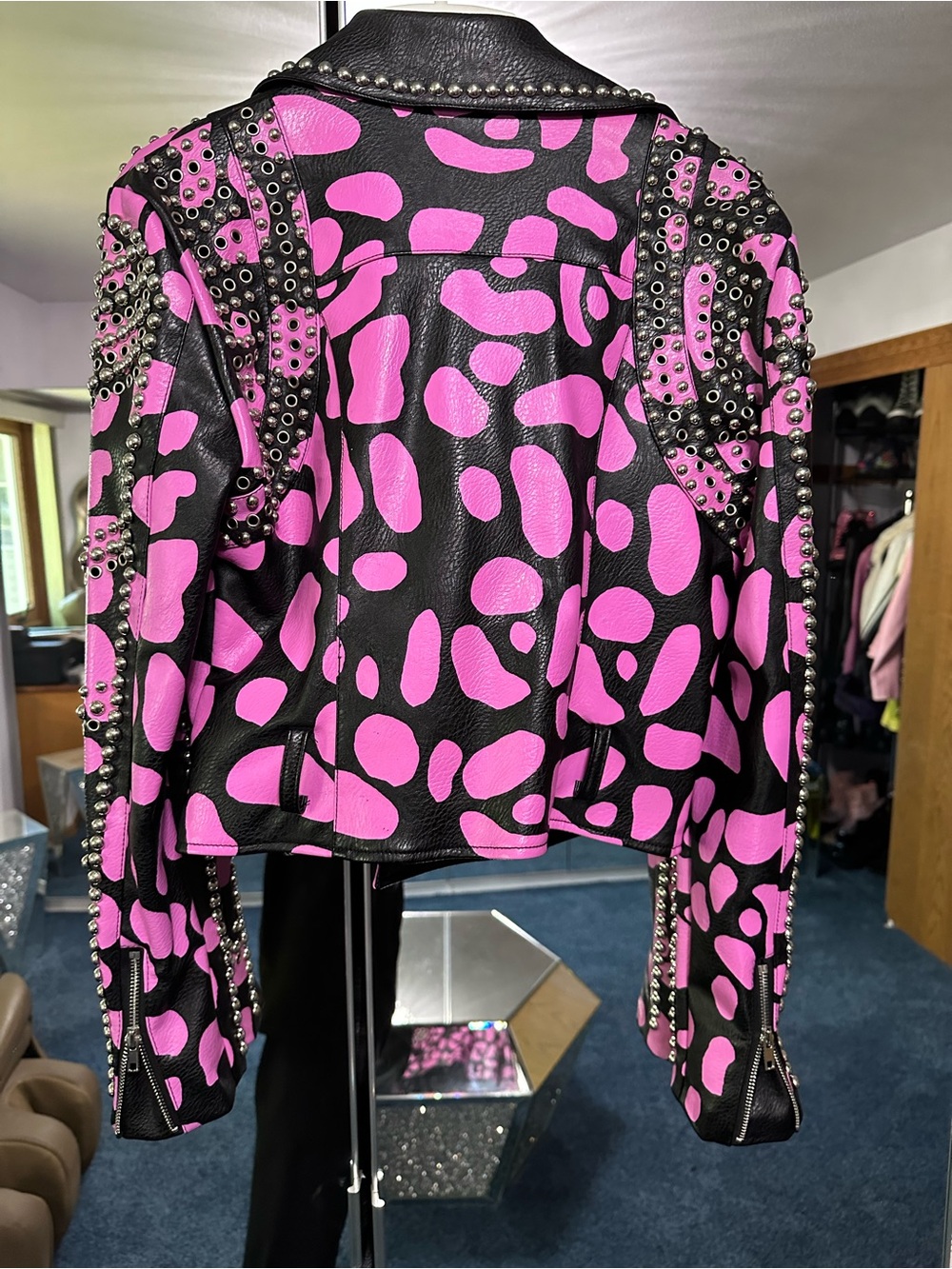Azela Wang Studded Pink & Black Leather Motorcycle Jacket - Women S - Picture 2 of 13